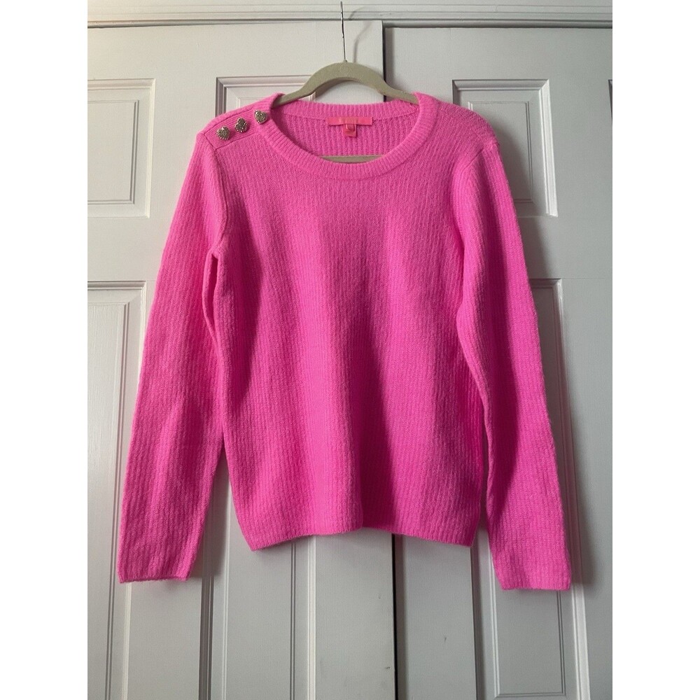 Lilly Pulitzer Morgen Sweater M Heathered Cerise Pink Rhinestone Heart Buttons